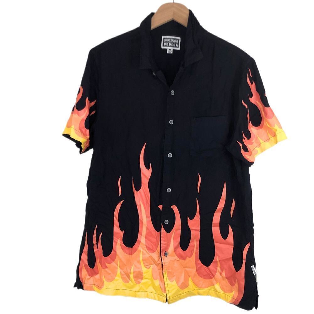 Bodega Cornerstore Flame Keep It Lit Short Sleeve Button Down Mens Size M RARE‎